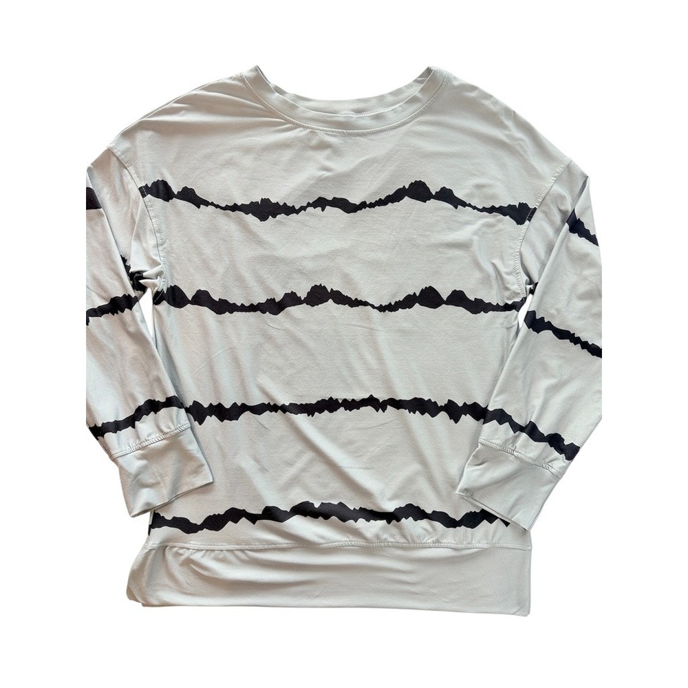 Performance Pullover Top Women Medium Gray Black Striped Long Sleeve Crewneck
